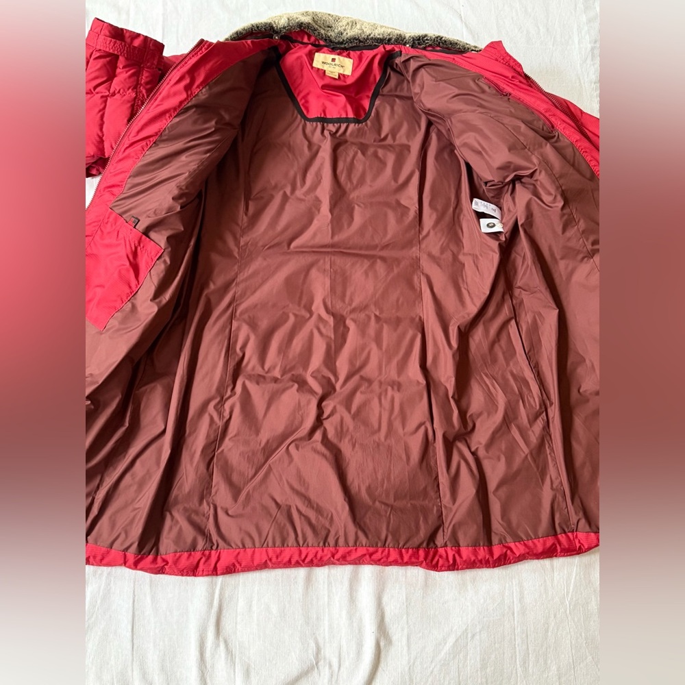 Woolrich Quilted Jacket Long Duck Down Insulated Fur Collar Belted 2XL ruby red - Picture 7 of 14